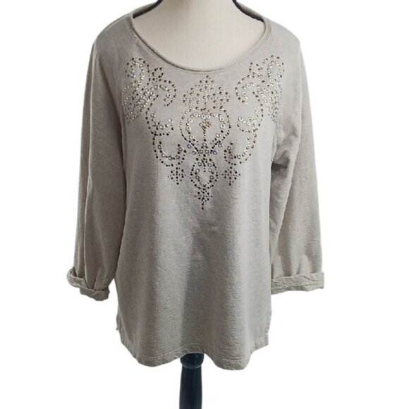 Chico's Weekends Sweater Cream Embellished 3/4 Sleeve Comfy Womens Size M - Picture 1 of 9